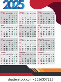 Calendar 2025 year corporate design planner template . Annual vertical calendar in English for the year 2025 with 12 months. illustration. Template. Mock up