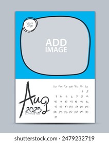 Calendar 2025 year design - August 2025, wall calendar 2025 year, Lettering calendar, Desk calendar template, week starts on sunday, printing, advertiement, blue background, vector