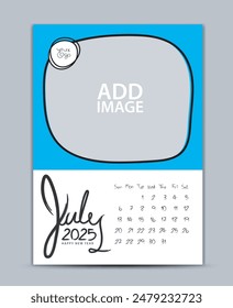 Calendar 2025 year design - July 2025, wall calendar 2025 year, Lettering calendar, Desk calendar template, week starts on sunday, printing, advertiement, blue background, vector