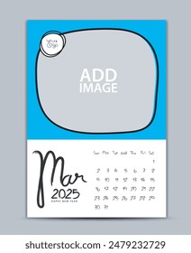 Calendar 2025 year design - March 2025, wall calendar 2025 year, Lettering calendar, Desk calendar template, week starts on sunday, printing, advertiement, blue background, vector