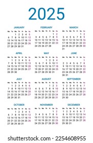 Calendar 2025 year, design template week starts on Sunday. Simple style year pocket or wall calendar template, corporate design planner template vector illustration