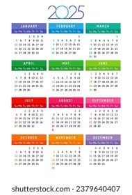 Calendar 2025 year editable template week start sunday with colored months. Vector illustration for business planner or diary template