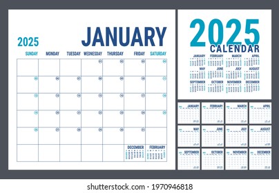 Calendar 2025 year. English planner template. Vector square grid. Office business planning. Creative trendy design. Blue color