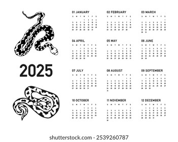 Calendario 2025, el año de la serpiente verde según el calendario chino, la semana comienza el domingo, sobre fondo blanco con serpientes de pitón negras. Calendario de negocios Horizontal en estilo minimalista, Vector