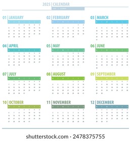 Calendar 2025 year grid design isolated on white background. English language. Week starts monday. Holidays are not marked. Vector calendar for year 2025 Template. Set of 12 Months