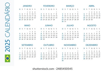 Calendar 2025 year Horizontal - vector illustration. Brazilian version