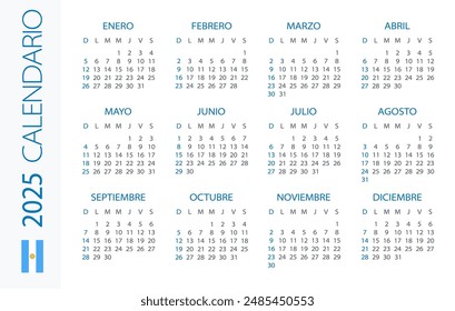 Calendar 2025 year Horizontal - vector illustration. Argentinian version