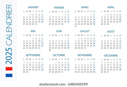 Calendar 2025 year Horizontal - vector illustration. French version