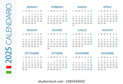 Calendar 2025 year Horizontal - vector illustration. Italian version