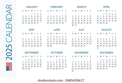 Calendar 2025 year Horizontal - vector illustration. American version. Week starts on Sunday