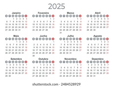 Calendario 2025 Año de maqueta. Versión portuguesa. Plantilla Horizontal anual con días redondos de la semana. Diseño moderno. Formato editable. EPS10.