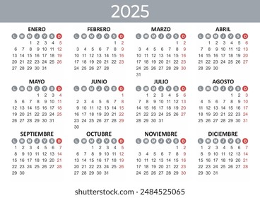 Calendario 2025 Año de maqueta. Versión española. Plantilla Horizontal anual con días redondos de la semana. Diseño moderno. Formato editable. EPS10.