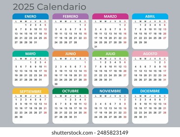 Calendario 2025 Año de maqueta. Versión española. Plantilla Horizontal anual con pestañas de colores sobre fondo gris. Diseño moderno. Formato editable. EPS10.