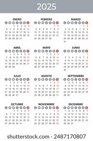 Calendar 2025 Year mockup. Spanish version. Annual Vertical template with round days of the week. Modern design. Editable format. EPS10.