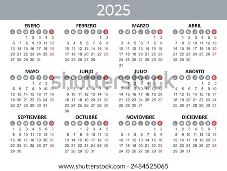 Calendar 2025 Year mockup. Spanish version. Annual horizontal template with round days of the week. Modern design. Editable format. EPS10.