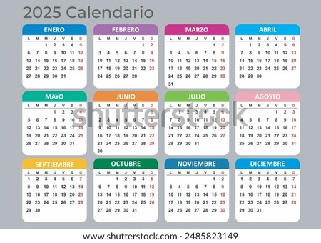 Calendar 2025 Year mockup. Spanish version. Annual Horizontal template with colored tabs on gray background. Modern design. Editable format. EPS10.