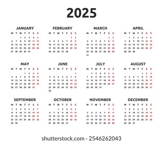 Calendario 2025 año. El lunes primero, dos fines de semana. Diseño de calendario simple. Plantilla de planificador de escritorio con 12 meses. Diario anual