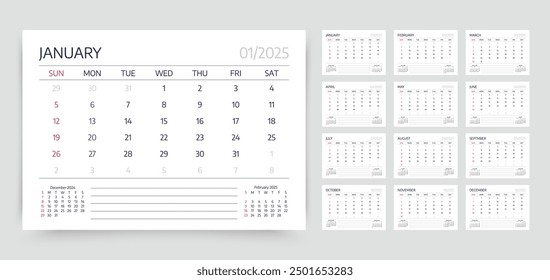 Calendar for 2025 year. Monthly calender organizer. Planner template. Week starts Sunday. Desk schedule grid with 12 month. Vector illustration. Corporate yearly diary layout. Horizontal simple agenda