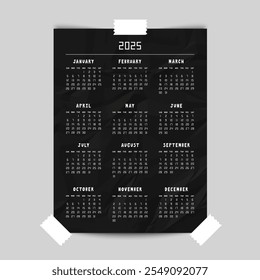 Calendar for 2025 year on black crumpled paper poster mockup. Week starts from Sunday. Vector illustration.