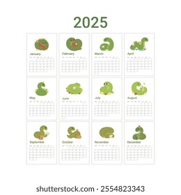 Calendar of 2025 year on English languish, template schedule planner with cute child green snake animal kawaii character. Wild reptile symbol 2025 year. Cartoon hand drawn style. Vector illustration