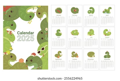 Calendar of 2025 year on English language, template schedule planner with cute child green snake animal kawaii character. Wild reptile as symbol 2025 year. Cartoon hand drawn. Vector illustration