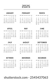 Calendario para 2025. Calendario planificador establecido para el diseño corporativo de Plantilla. La semana comienza a partir del domingo. Ilustración vectorial.