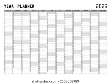 Calendar 2025 year planner template. Vector illustration.