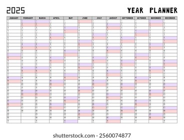 Calendar 2025 year planner template. Vector illustration.
