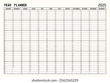 Calendar 2025 year planner template with cream background for notes. Vector illustration.