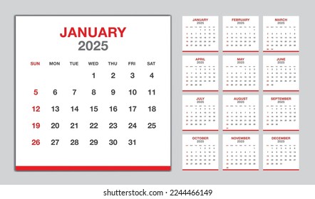 Calendar 2025 year red design, Monthly calendar template for 2025 year, Week Starts on sunday, Minimalist Wall calendar 2025 template, planner, Business template Vector