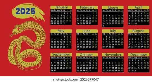 Calendario para 2025. Año de la serpiente.  Planificador de diario en un estilo minimalista. Ilustración vectorial decorativa de color.