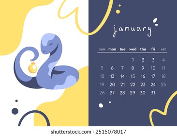 Calendar 2025 year of the snake. The month of January. Snake with a Christmas tree toy. Colorful illustration in modern flat style