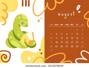 Calendario 2025 año de la serpiente. El mes de agosto. Una serpiente inteligente está leyendo un libro. Ilustración colorida en estilo plano moderno