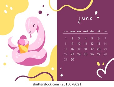 Calendar 2025 year of the snake. The month of June. A snake eats ice cream. Colorful illustration in modern flat style