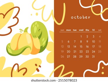 Calendar 2025 year of the snake. The month of October. Snake hugging a pumpkin on Halloween. Colorful illustration in modern flat style