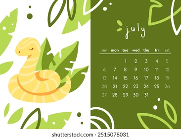 Calendar 2025 year of the snake. The month of July. A snake in tropical leaves. Colorful illustration in modern flat style