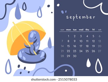 Calendar 2025 year of the snake. The month of September. Snake under an umbrella hiding from the rain.. Colorful illustration in modern flat style