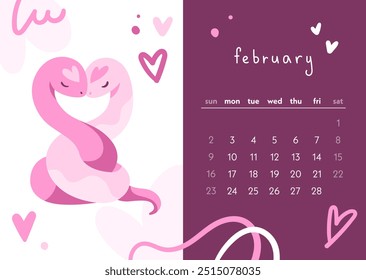 Calendar 2025 year of the snake. The month of February. 2 snakes hugging. Colorful illustration in modern flat style