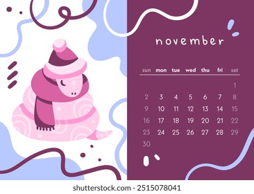 Calendar 2025 year of the snake. The month of November. A cozy snake sleeps wrapped up in a scarf and hat. Colorful illustration in modern flat style