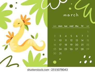 Calendar 2025 year of the snake. The month of March. Snake with flowers. Colorful illustration in modern flat style