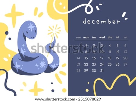 Calendar 2025 year of the snake. The month of December. A festive snake with Bengal lights. Colorful illustration in modern flat style