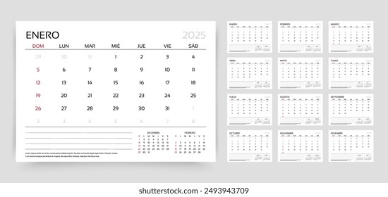 Calendario 2025 año. Plantilla planificadora española. La semana empieza el domingo. Diseño del calendario. Organizador corporativo anual. Cuadrícula de programación de escritorio. Horizontal diario mensual con 12 meses. Vector ilustración simple