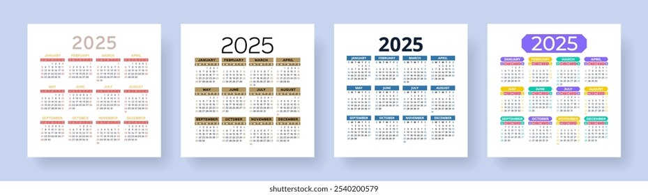 Calendar 2025 year. Square vector calender design template. English set. Week starts on Sunday. January, February, March, April, May, June, July, August, September, October, November, December