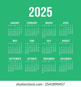 Calendario 2025 año. Plantilla de diseño de calandra de Vector cuadrado. Diseño en inglés. La semana comienza el domingo. Enero, febrero, marzo, abril, mayo, junio, julio, agosto, septiembre, octubre, noviembre, diciembre