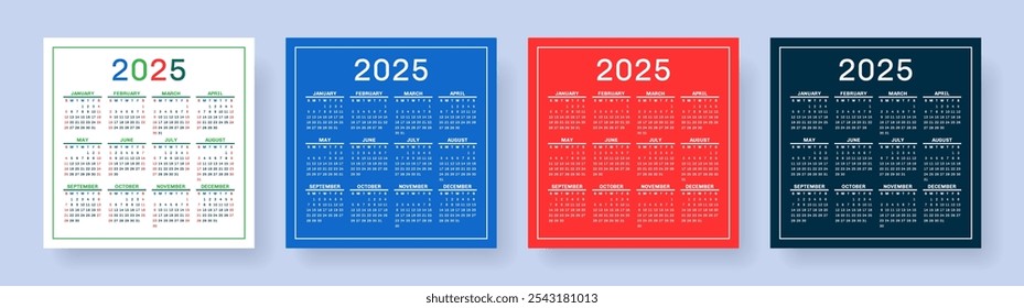 Calendario 2025 año. Plantilla de diseño de calandra de Vector cuadrado. Conjunto inglés. La semana comienza el domingo. Enero, febrero, marzo, abril, mayo, junio, julio, agosto, septiembre, octubre, noviembre, diciembre