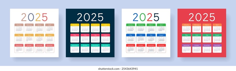 Calendario 2025 año. Plantilla de calandra de Vector cuadrado. Conjunto colorido inglés. La semana comienza el domingo. Enero, febrero, marzo, abril, mayo, junio, julio, agosto, septiembre, octubre, noviembre, diciembre