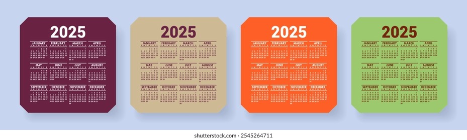 Calendario 2025 año. Plantilla de diseño de calandra de Vector cuadrado. Conjunto inglés. La semana comienza el domingo. Enero, febrero, marzo, abril, mayo, junio, julio, agosto, septiembre, octubre, noviembre, diciembre