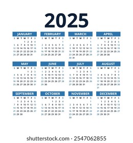 Calendario 2025 año. Plantilla de diseño de calandra de Vector cuadrado. Diseño en inglés. La semana comienza el domingo. Enero, febrero, marzo, abril, mayo, junio, julio, agosto, septiembre, octubre, noviembre, diciembre