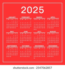 Calendario 2025 año. Plantilla de diseño de calandra de Vector cuadrado. Diseño en inglés. La semana comienza el domingo. Enero, febrero, marzo, abril, mayo, junio, julio, agosto, septiembre, octubre, noviembre, diciembre