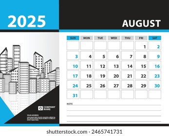 calendar 2025 year template - August 2025 year, Week Starts on Sunday, Desk calendar 2025 design, Wall calendar, planner design, stationery, printing media, Blue background, vector